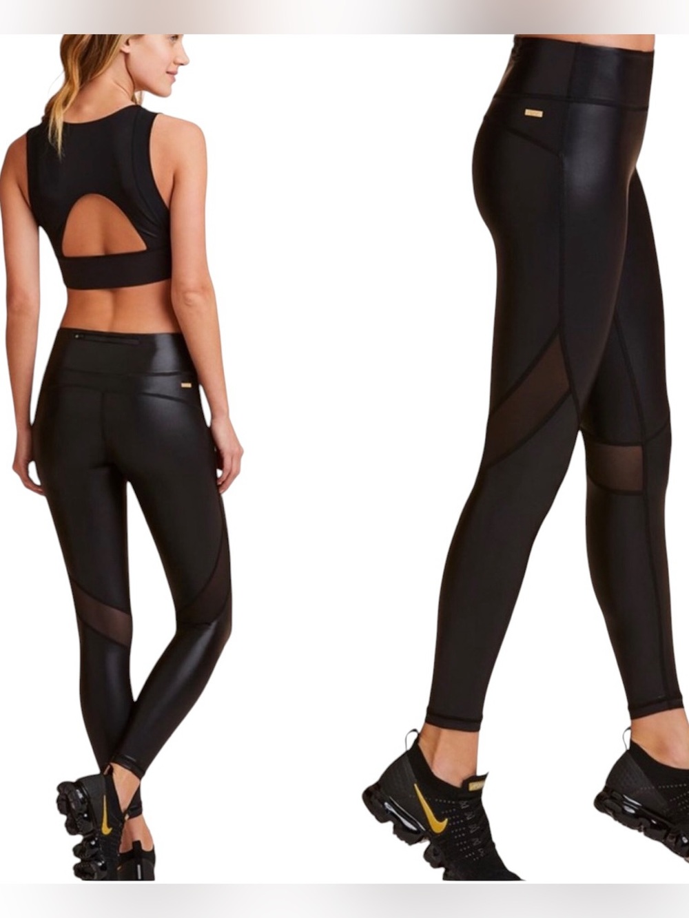 ALALA Captain Liquid Ankle Leggings Black Shiny Mesh Compression Yoga Size M